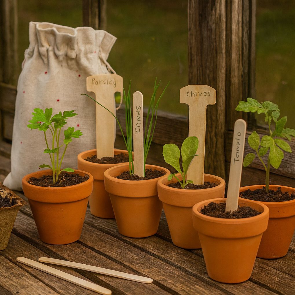 Small potted plants with wooden labels on a wooden surface