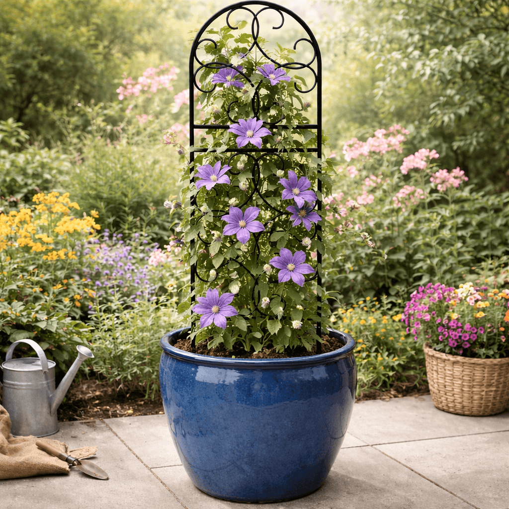 Blue pot with a pot trellis and purple flowers in a garden setting