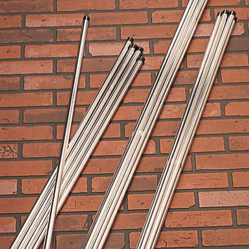 Plant stakes leaning against a brick wall