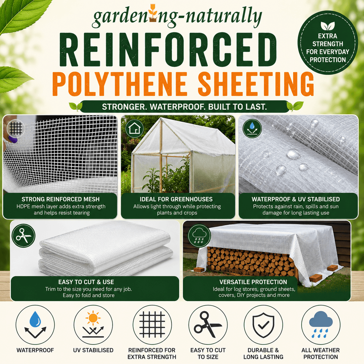 Advertisement for reinforced polythene sheeting with features and benefits highlighted.