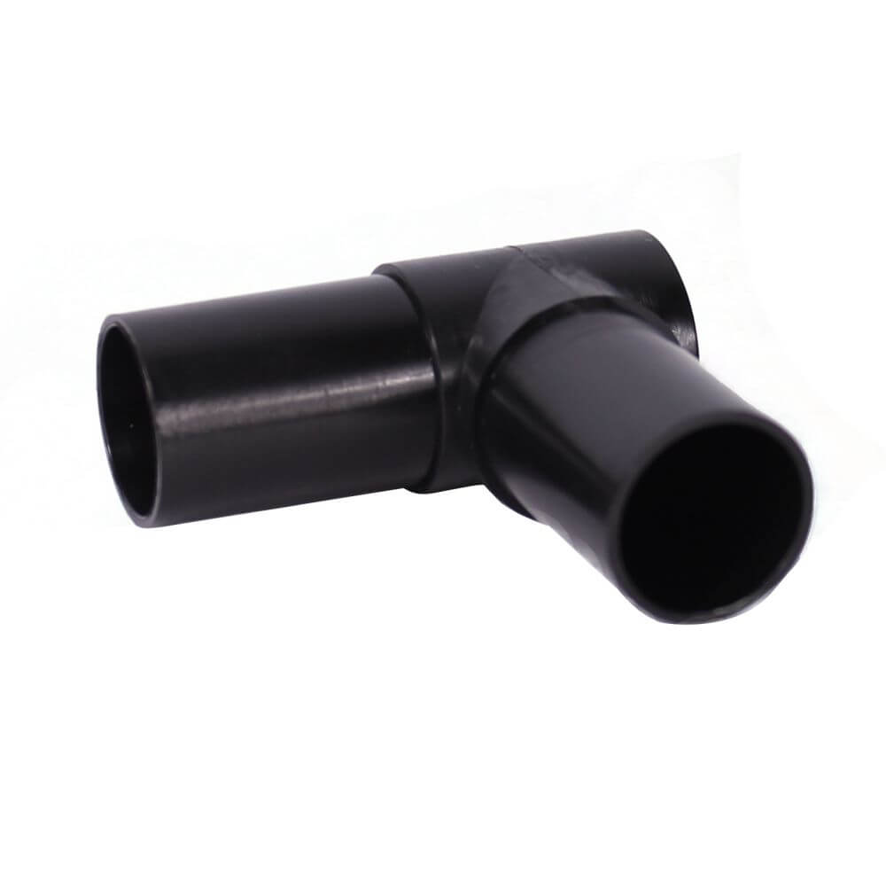 Black plastic elbow fitting on a white background