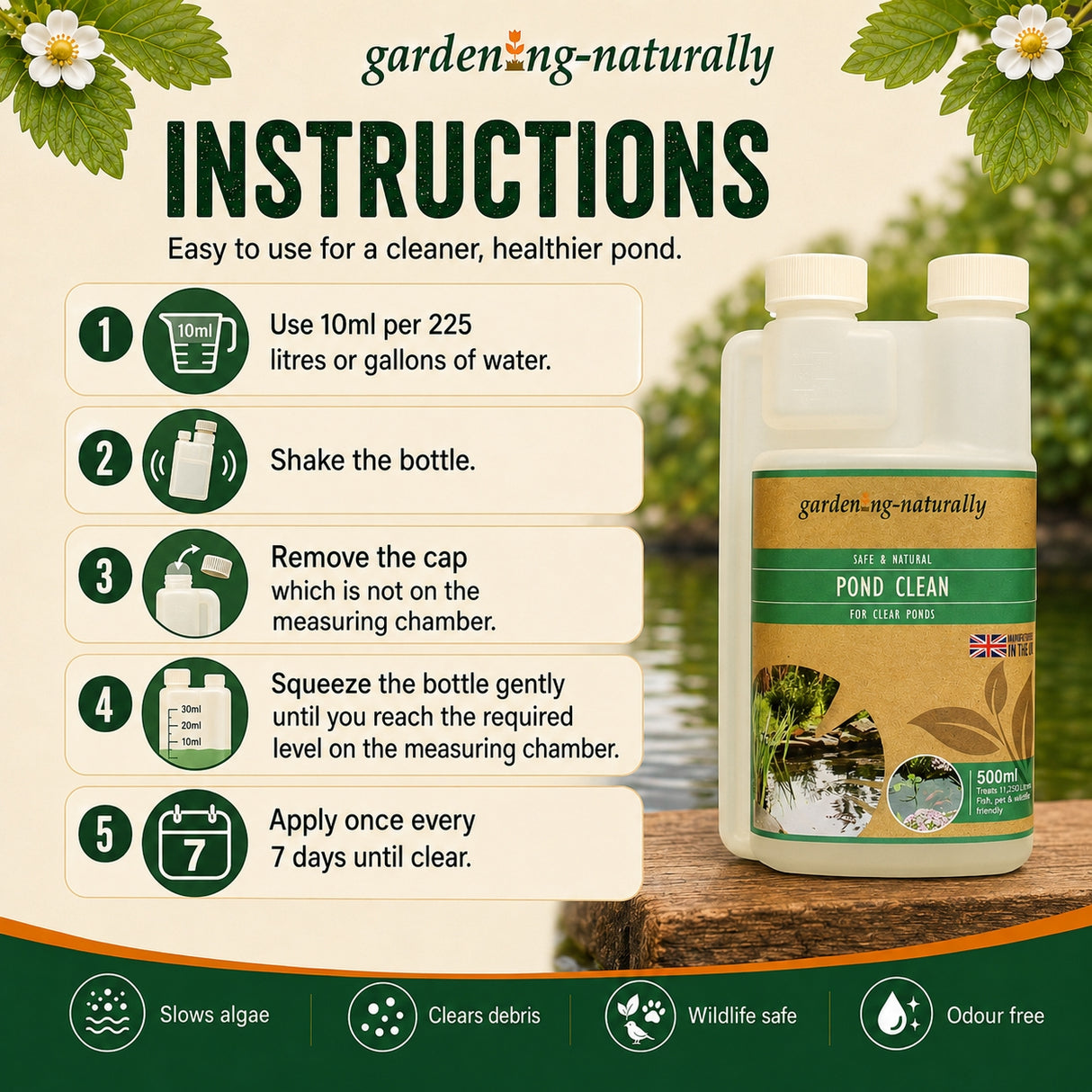 Pond cleaning product with usage instructions and branding on a natural background