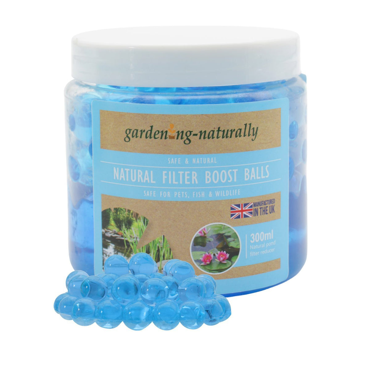 Gardening Naturally pond filter boost balls by the side of pot