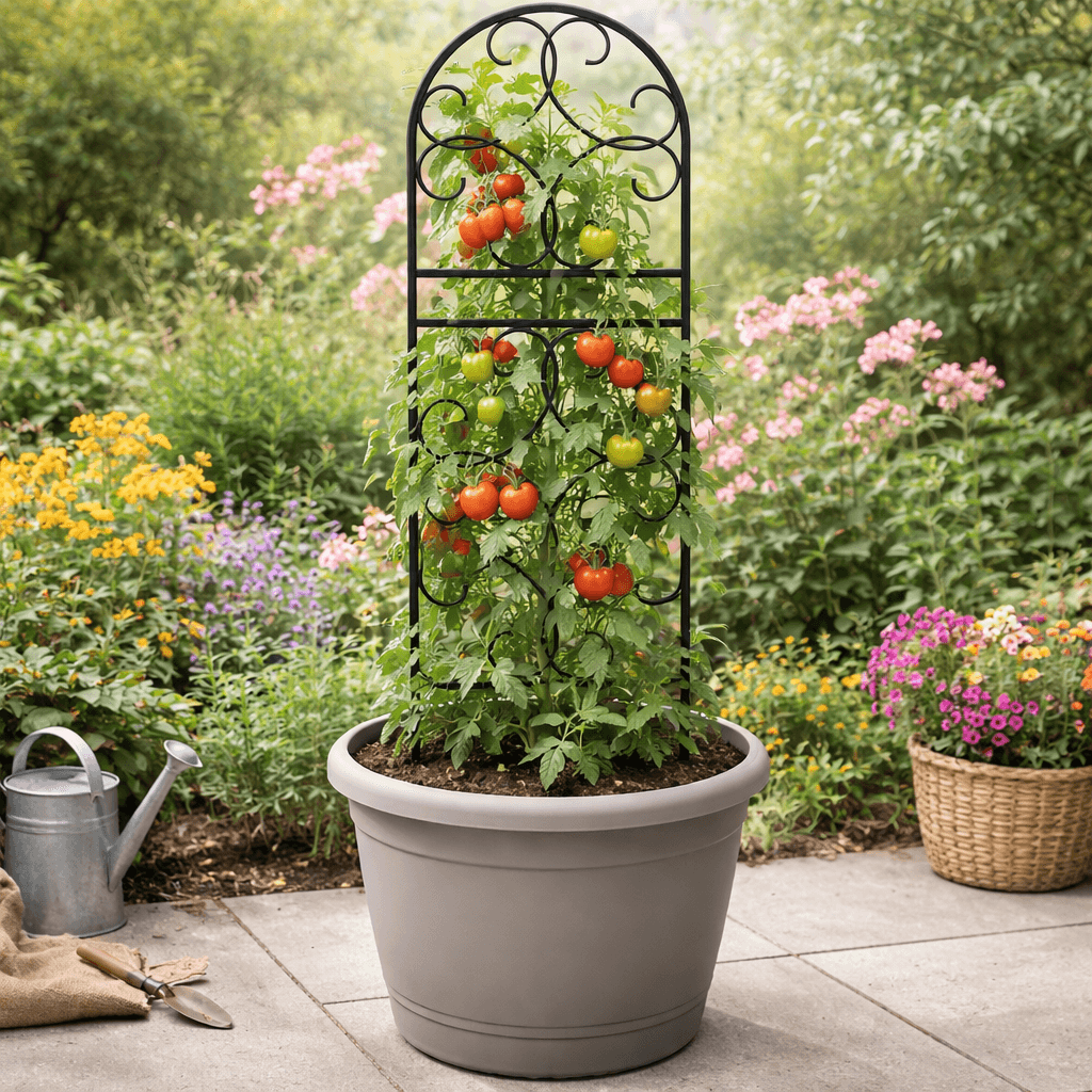 Potted plant with tomato plants on a pot trellis in garden background