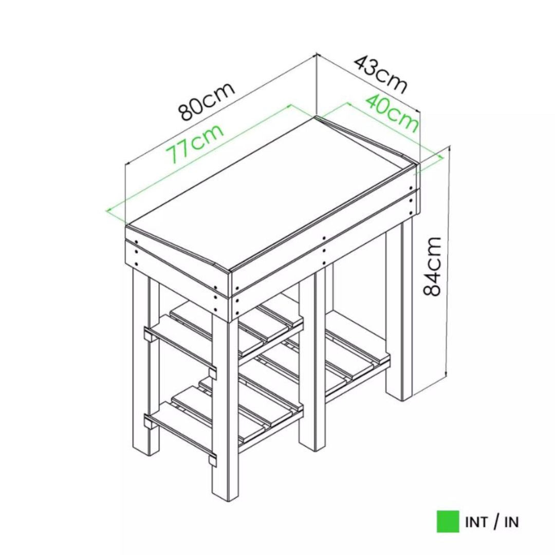Measurement chart of a potting table with dimensions in centimeters