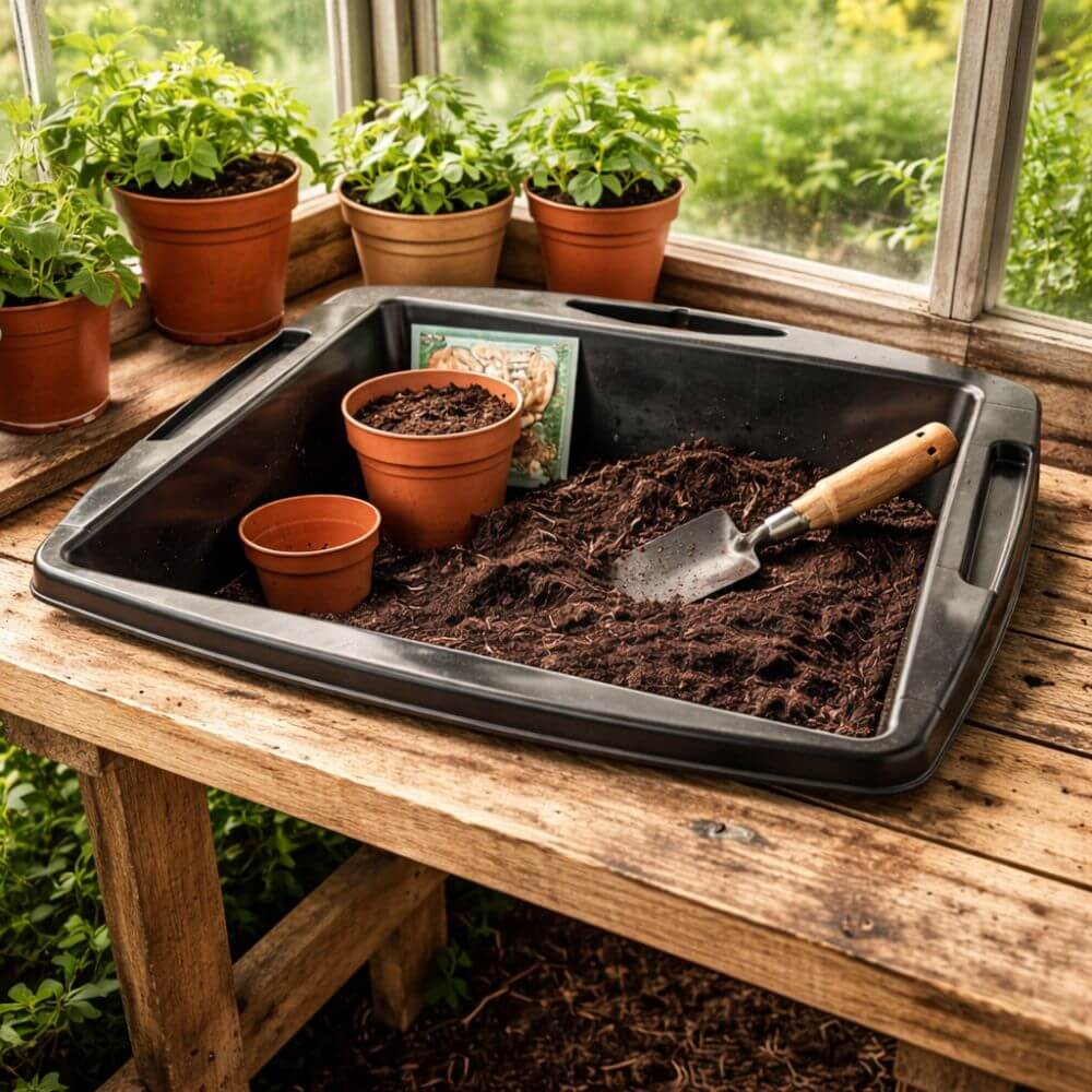 Potting tray in greenhouse with pots, soil and compost scoop