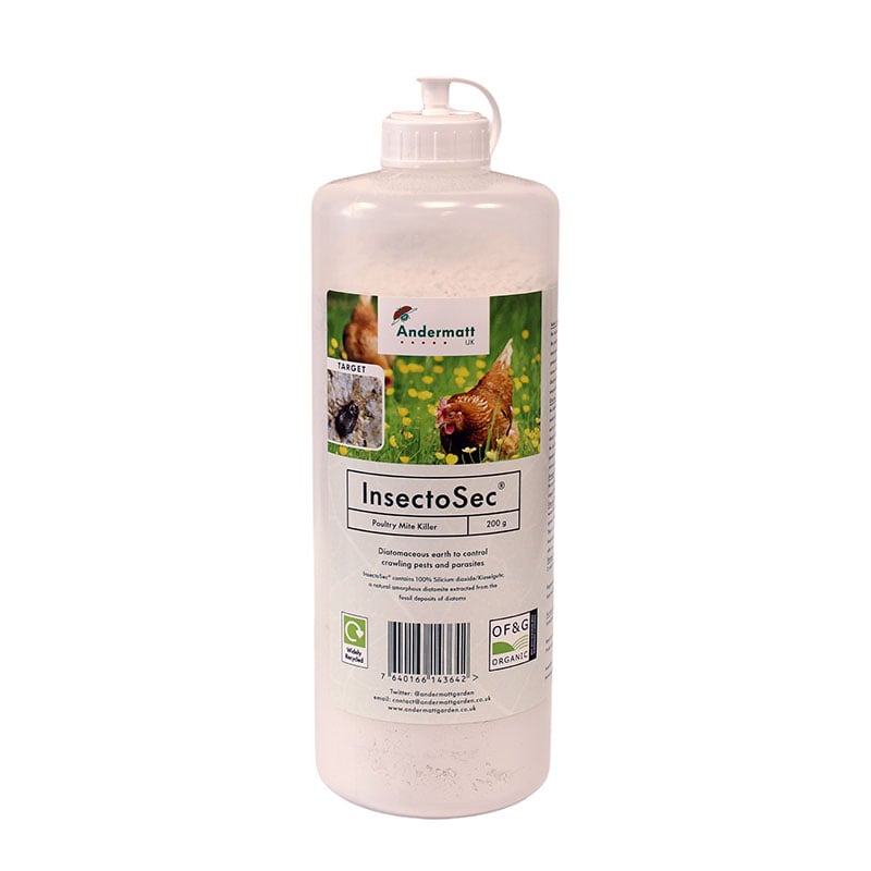 A white bottle labeled 'InsectoSec Poultry Mite Powder 200g' with an image of chickens on the label.
