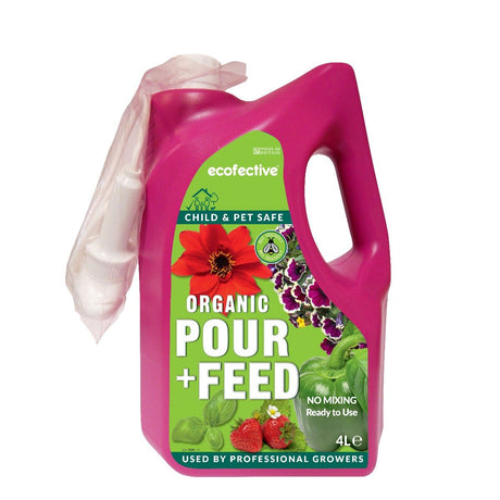 A pink bottle of ecofective Organic Pour + Feed, a liquid plant food. The label includes images of flowers and leaves, indicating it is used for gardening, and it is advertised as being child and pet safe, ready to use, and organic.