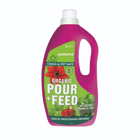 A pink bottle of ecofective Organic Pour + Feed, a liquid plant food. The label includes images of flowers and leaves, indicating it is used for gardening, and it is advertised as being child and pet safe, ready to use, and organic.