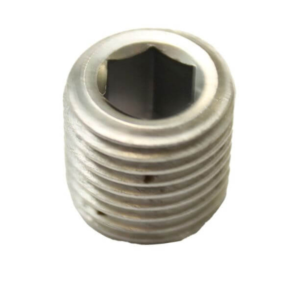 A silver-colored metal cage grub screw with a threaded body and a hexagonal socket in the top.