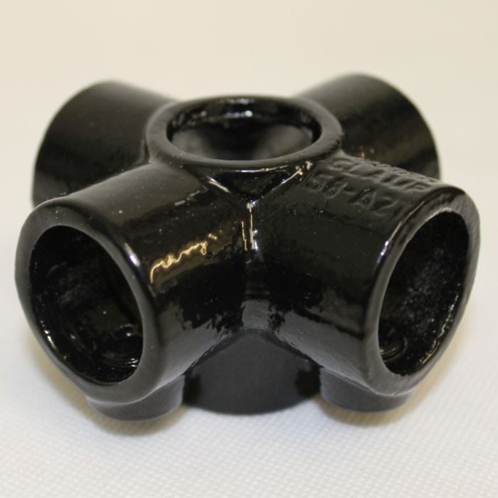 A black metal fruit cage connector cross joiner with a visible brand name on the side.