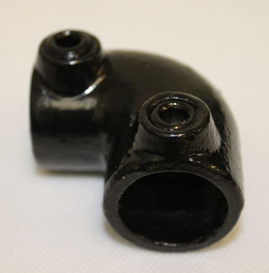 A black metal fruit cage connector door corner joiner.