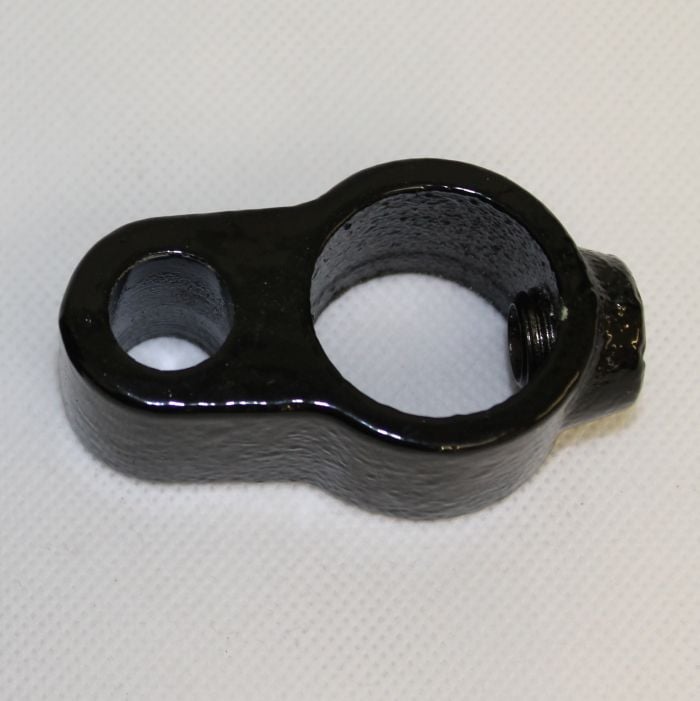 A black hinge eye joiner made of steel, designed for connecting bird cage accessories.