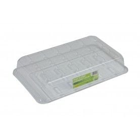 A black plastic seed tray with drainage holes