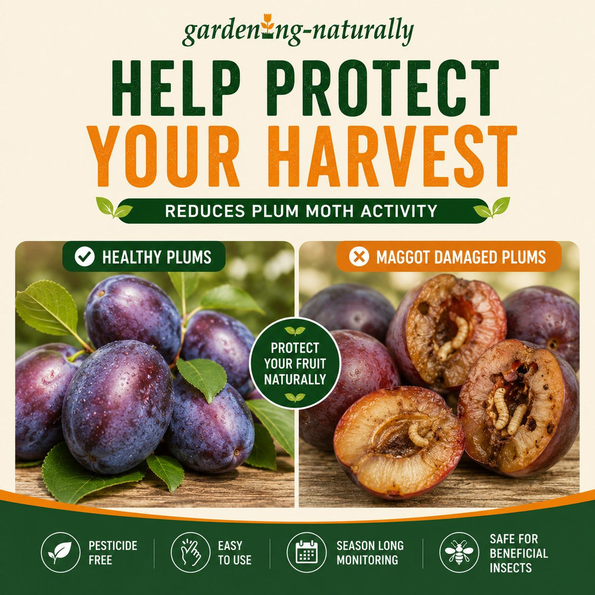 Advertisement for a product to protect harvest from plum moth damage, showing healthy and damaged plums.