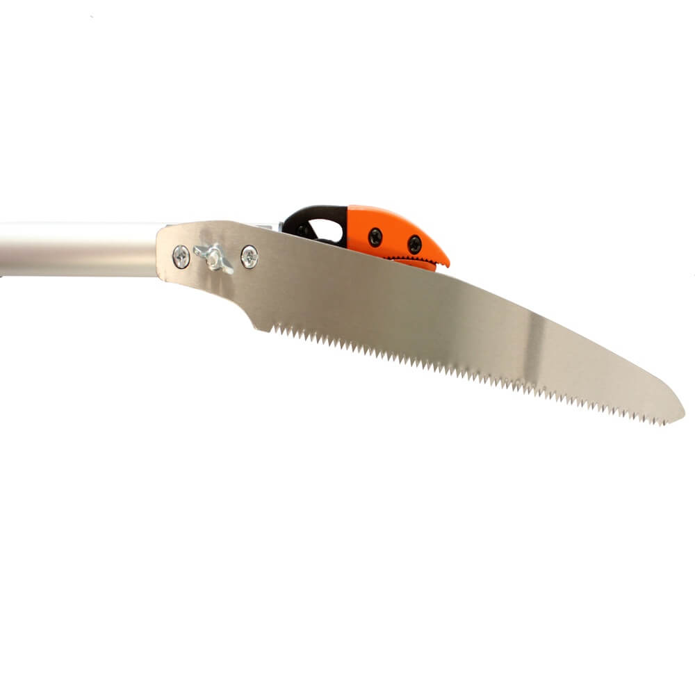 Handheld pruning saw with a metallic blade and orange handle on a white background