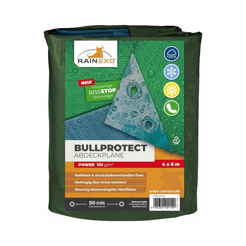 A green tarpaulin used as outdoor protection cover with labels indicating it is 100% waterproof, frostproof, and UV resistant.