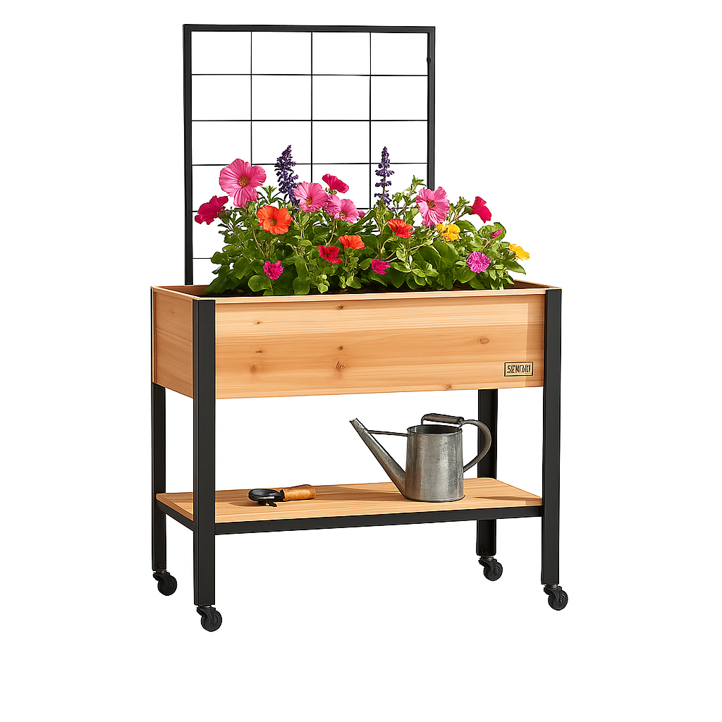 Wooden planter box with flowers on a white background