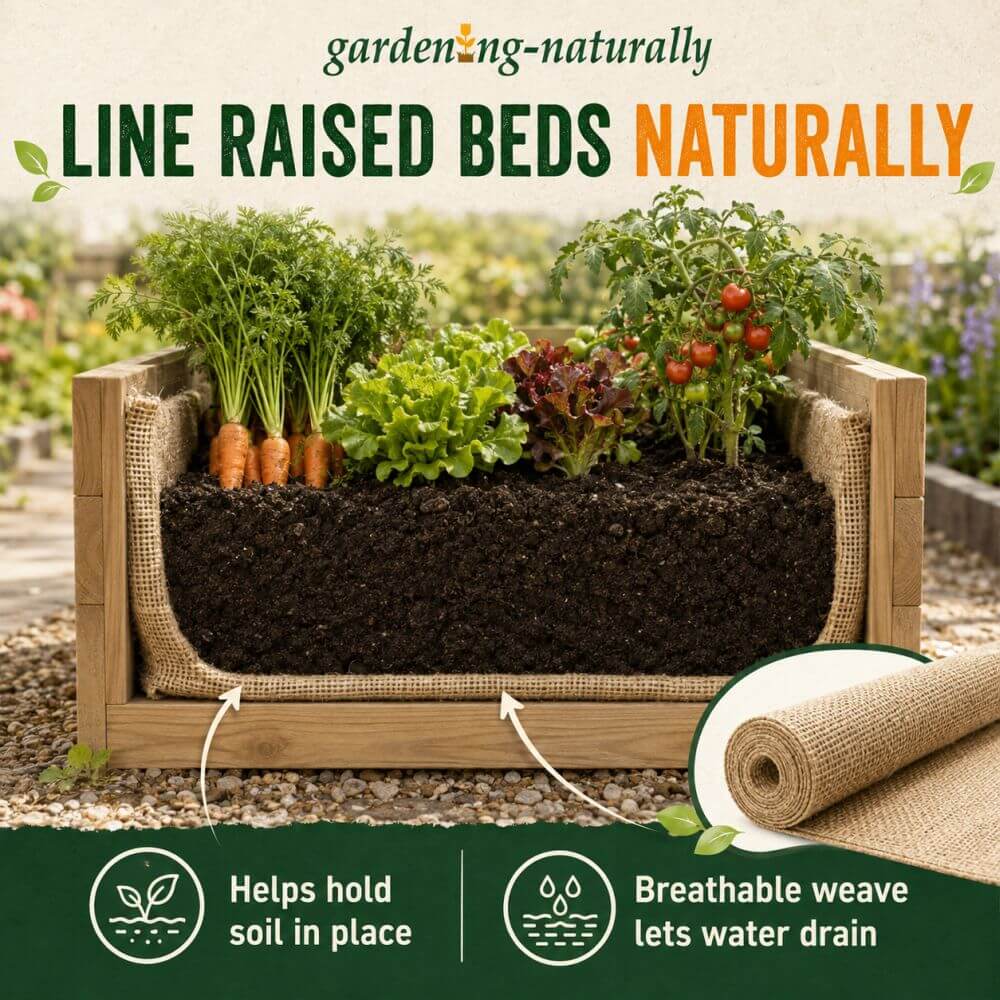 A raised bed garden liner made from a hessuab weave sides, filled with soil and planted with carrots, lettuce, and tomato plants.