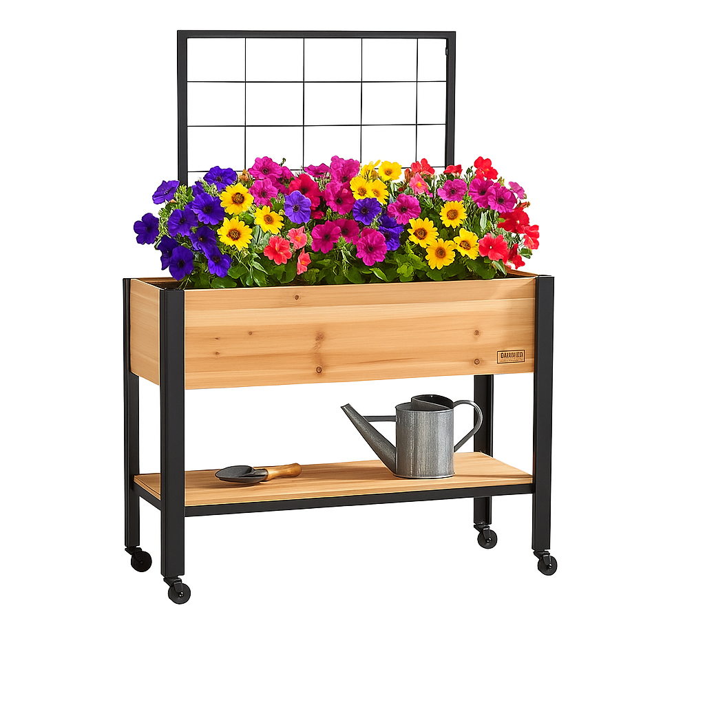 Wooden planter with colorful flowers, black metal frame, and a watering can on a white background