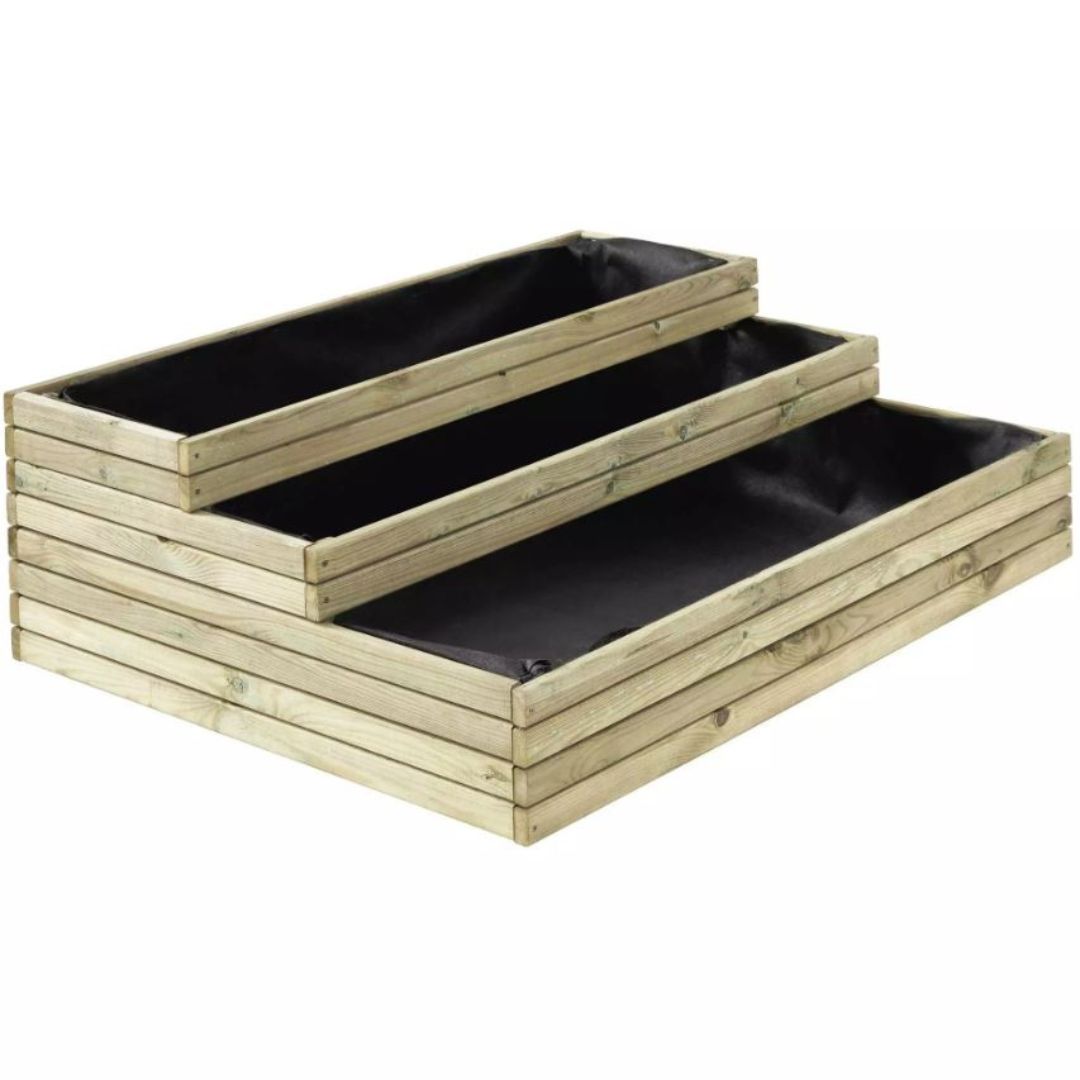 Set of three wooden planters with black liners on a white background