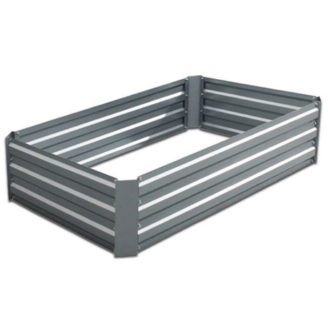 A silver galvanised steel rectangular raised bed for gardening.