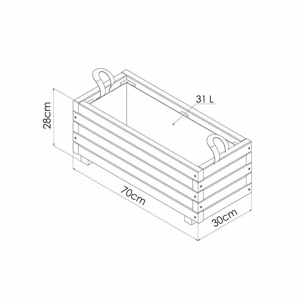Dimensions of a rectangular wooden planter with handles on a white background