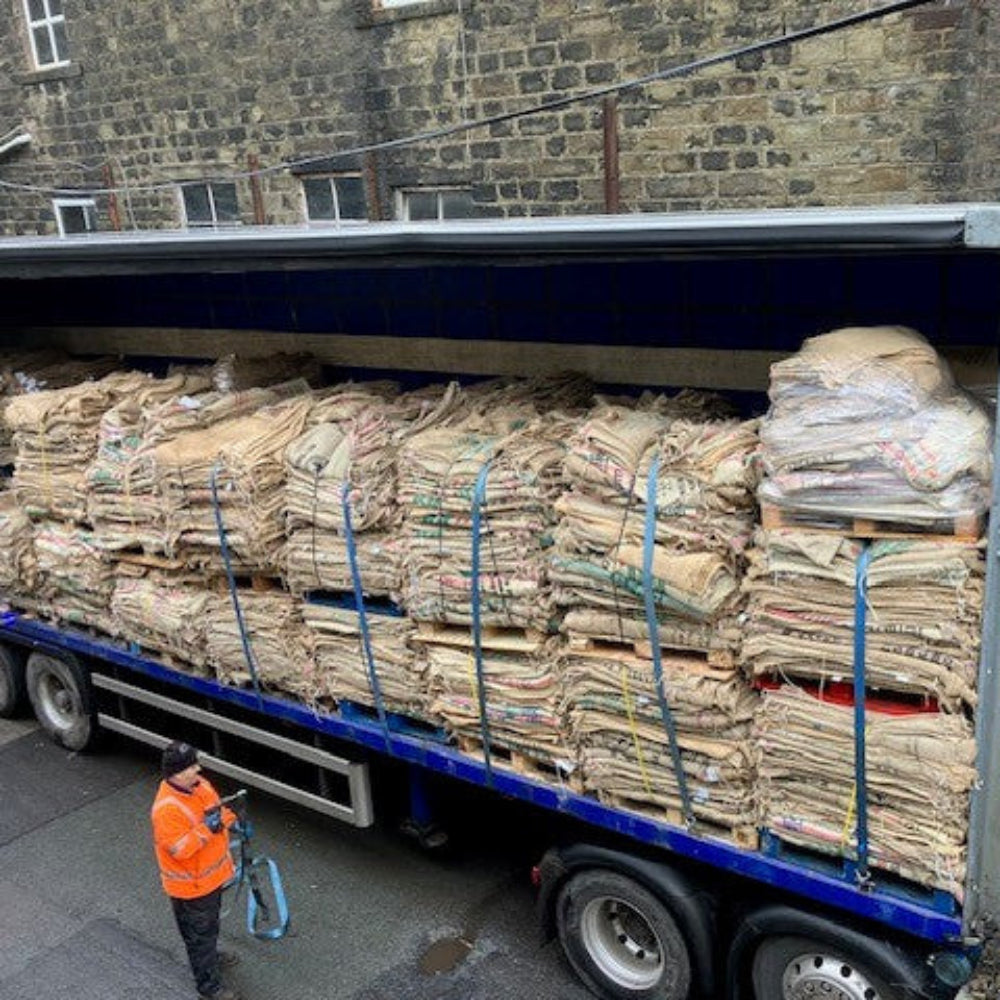 recycled coffee sacks in the lorry