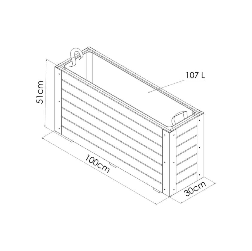 Dimensions of a rectangular wooden planter box on a white background