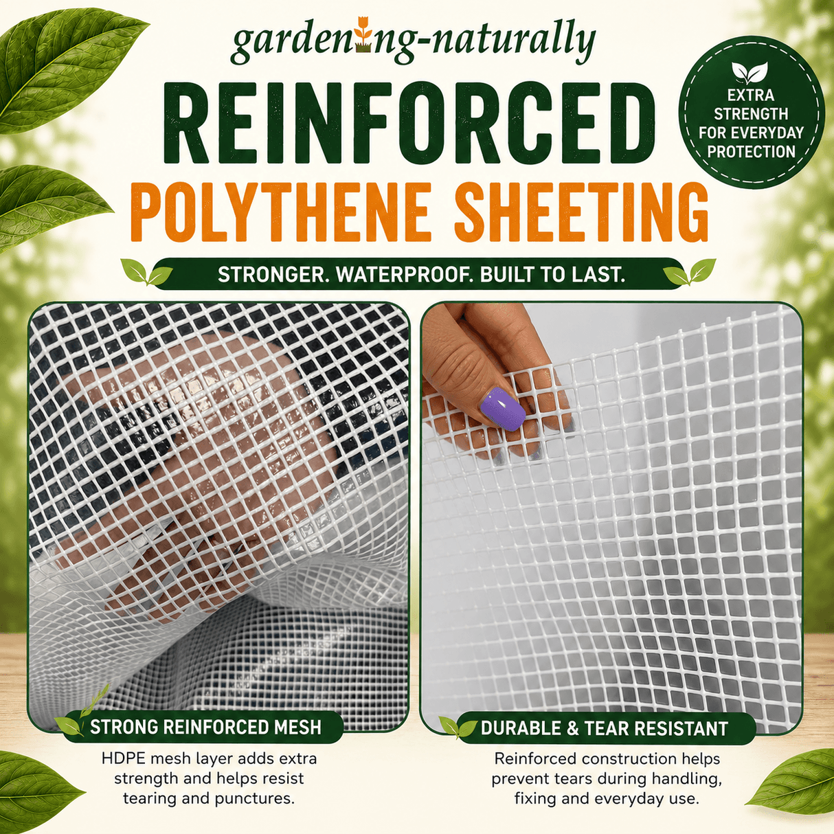 Reinforced polythene sheeting with text highlighting features on a natural background