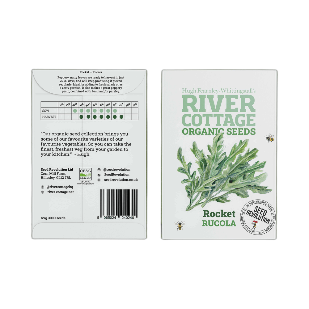 River Cottage Organic Seeds packaging for Rocket Rucola on a white background
