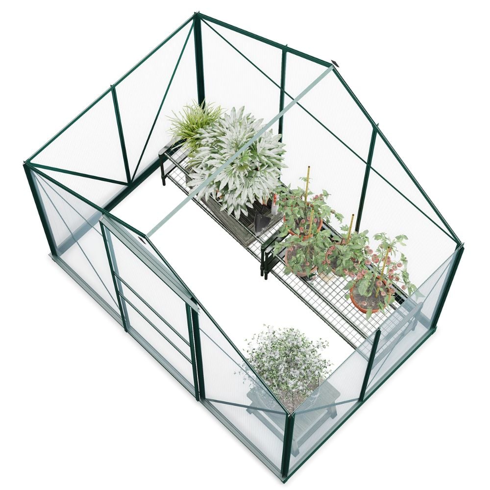 6x4 aerial view of glass greenhouse with sliding door
