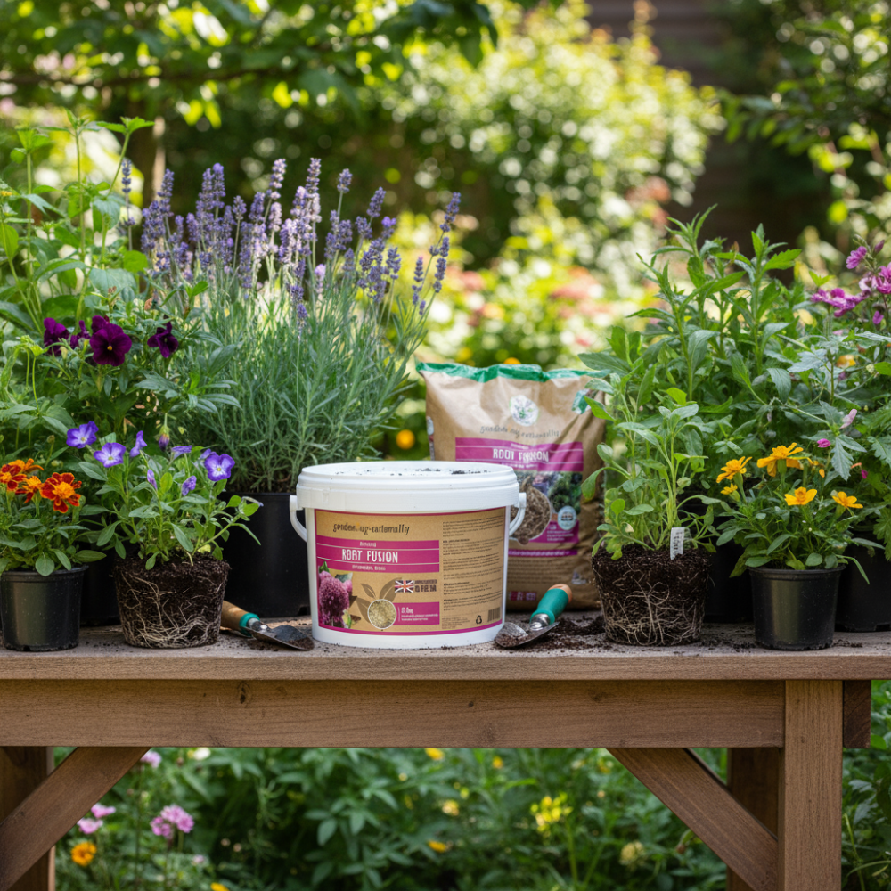 root fusion tub on garden bench