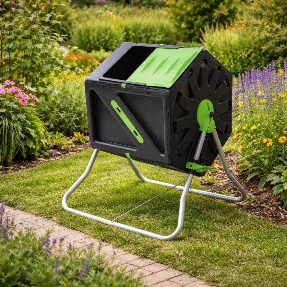 Black and green tumbling composter in a garden