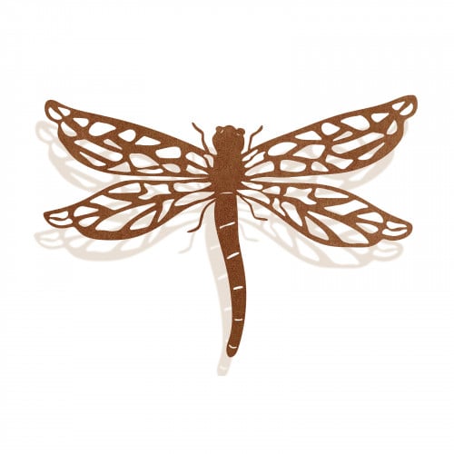 A rusted metal wall art in the shape of a dragonfly with intricate cut-out wings.