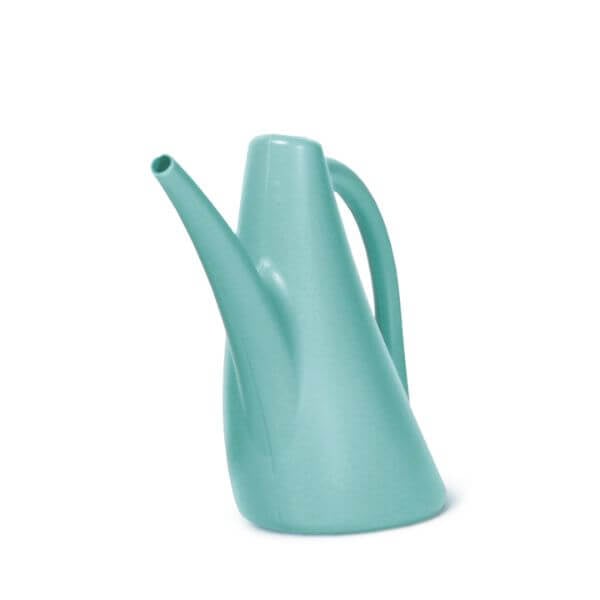 A gray plastic watering can with a long spout and a comfortable handle, isolated on a white background.