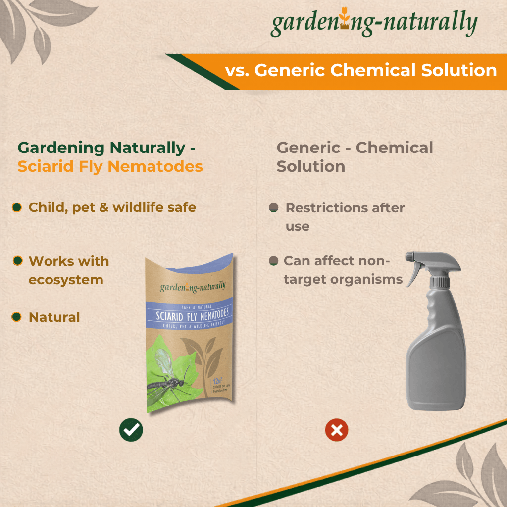 Comparison chart between Gardening Naturally Sciarid Fly Nematodes and a generic chemical solution on a beige background.