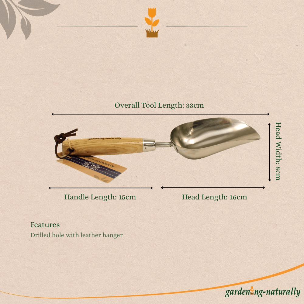 Gardening soil scoop with measurements on a beige background
