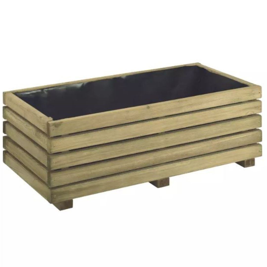 Wooden planter box with black liner on a white background