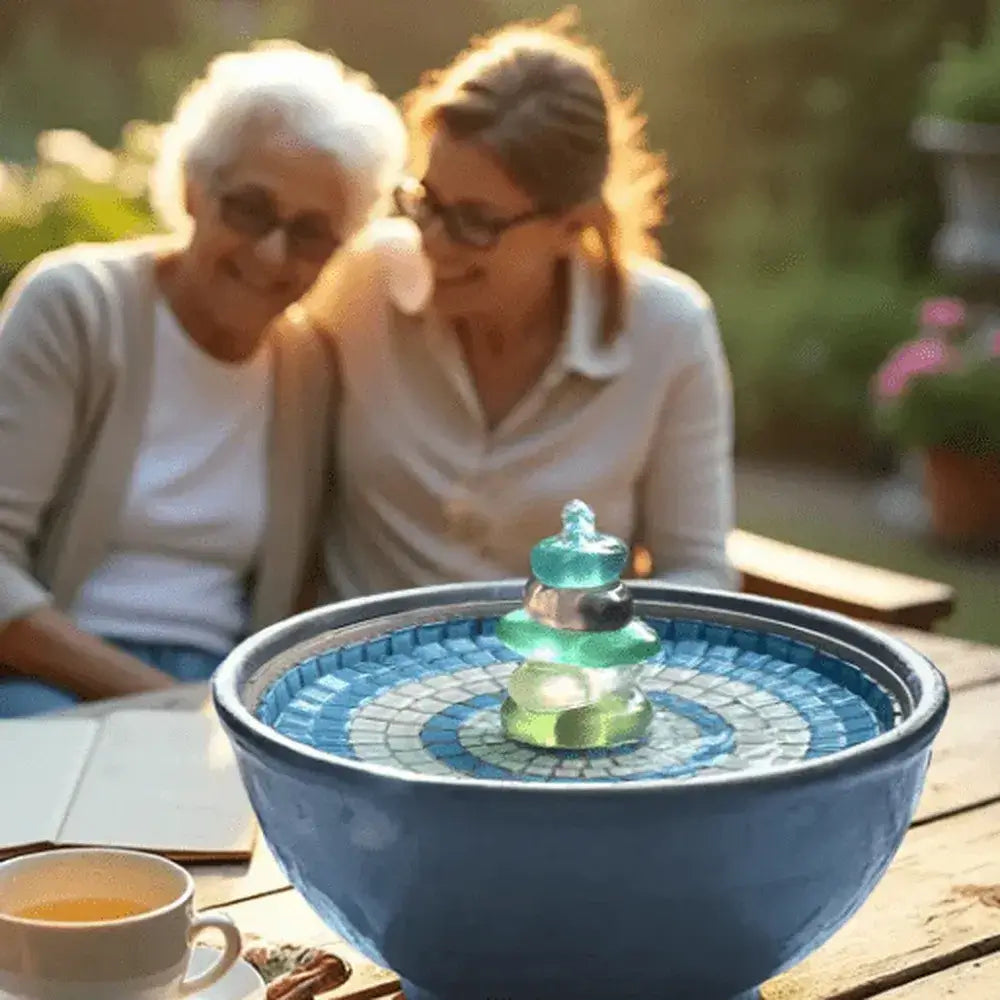 Two women sitting outdoors with a decorative hydria fountain blue bowl