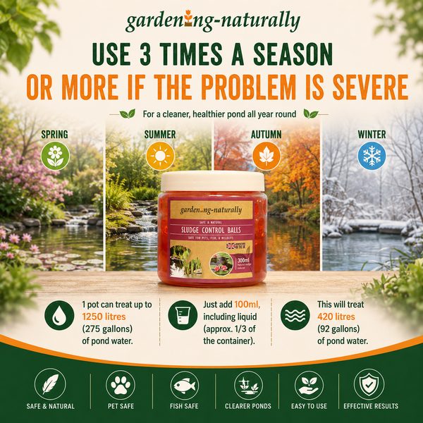 Advertisement for 'growing-naturally' pond care product with seasonal usage instructions and benefits.