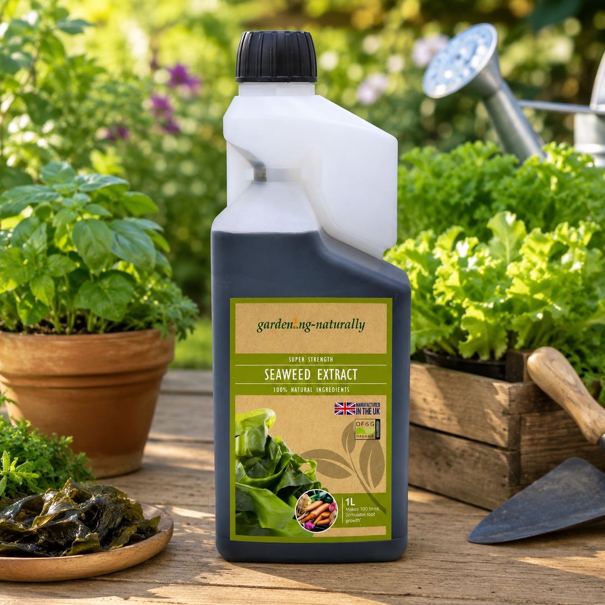 Seaweed extract bottle with garden setting in the background