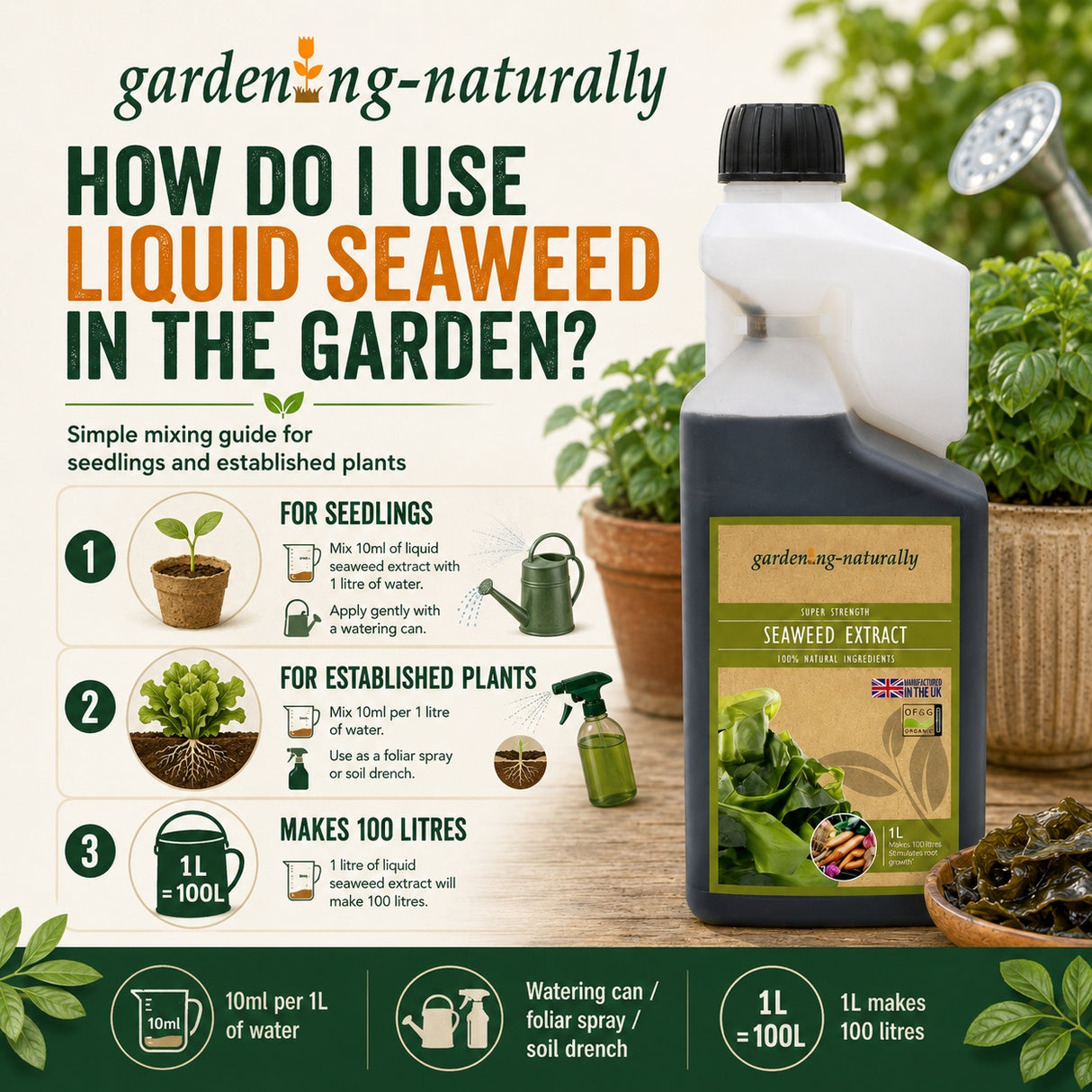 Gardening Naturally liquid seaweed extract bottle with usage guide on a wooden surface.