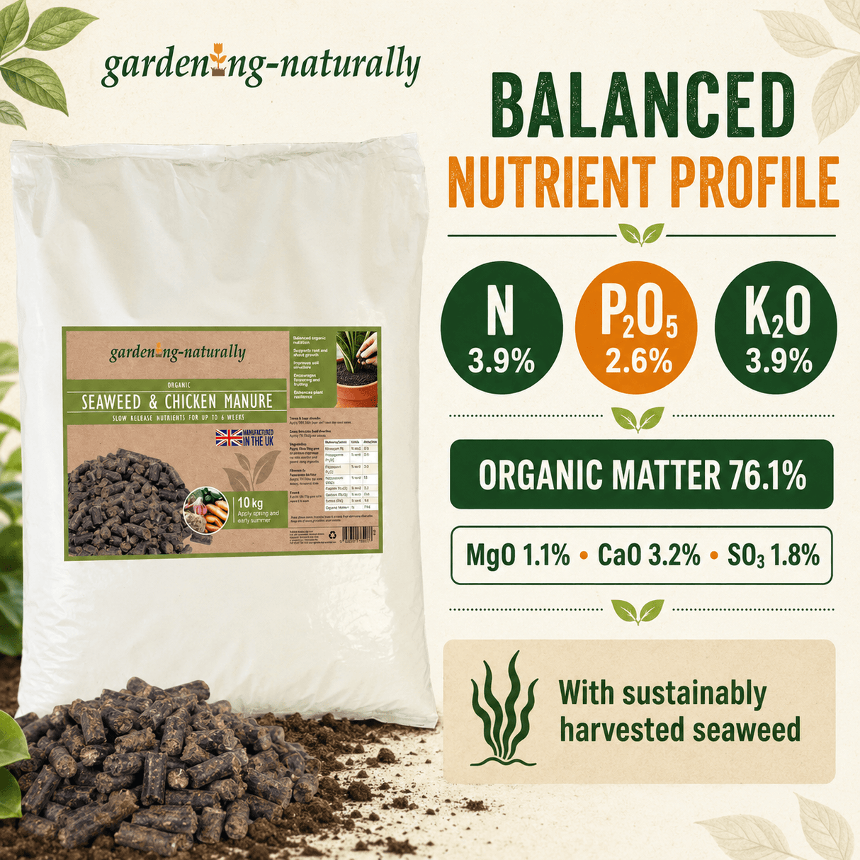 A 10 kg bag of gardenng-naturally Seaweed & Chicken Manure alongside a pile of dark brown liquid manure pellets on a white background, featuring a green and orange infographic detailing the balanced nutrient profile.