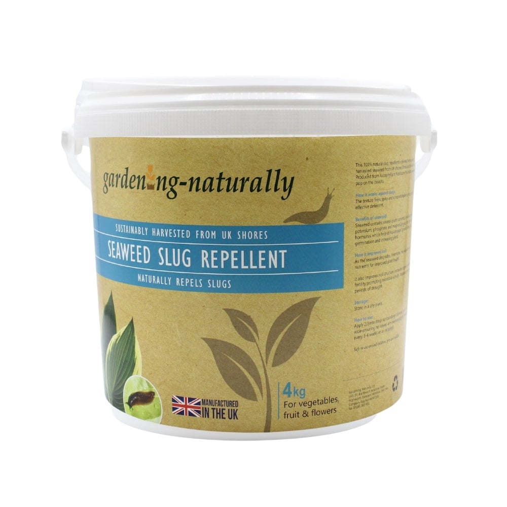 Three containers of 'Gardening Naturally' brand seaweed slug repellent in different sizes.