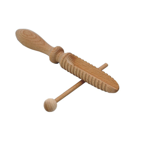 A wooden seed chute made of beech wood, consisting of a long tube with ridges and a small lever.