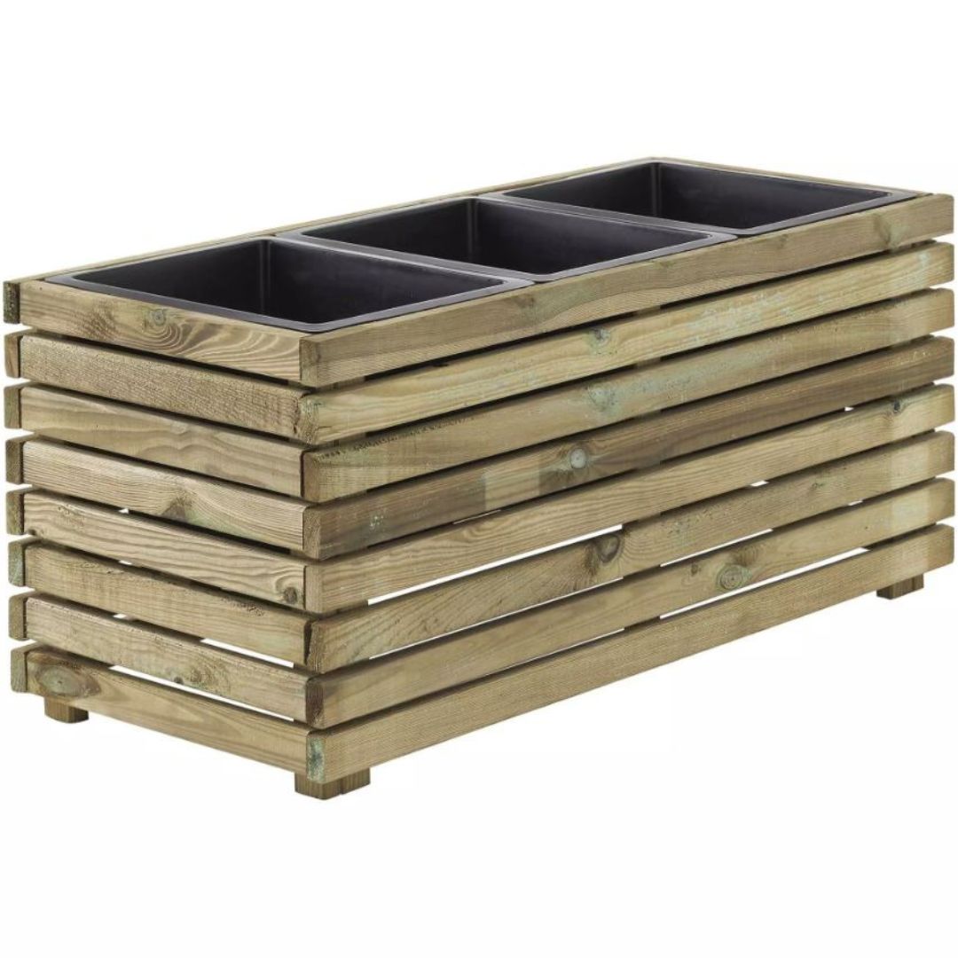 Wooden planter box with black interior compartments on a white background