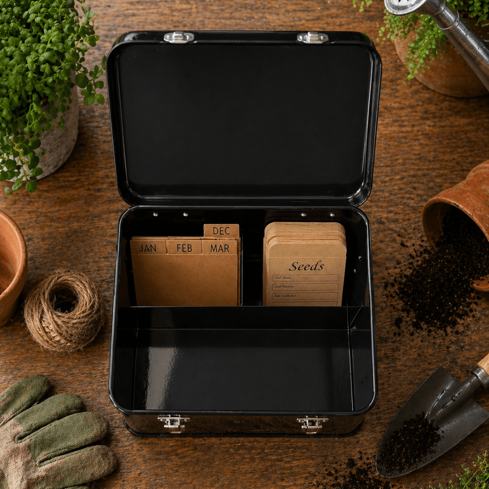 Black storage case with compartments labeled for months, on a wooden surface with gardening tools and plants.