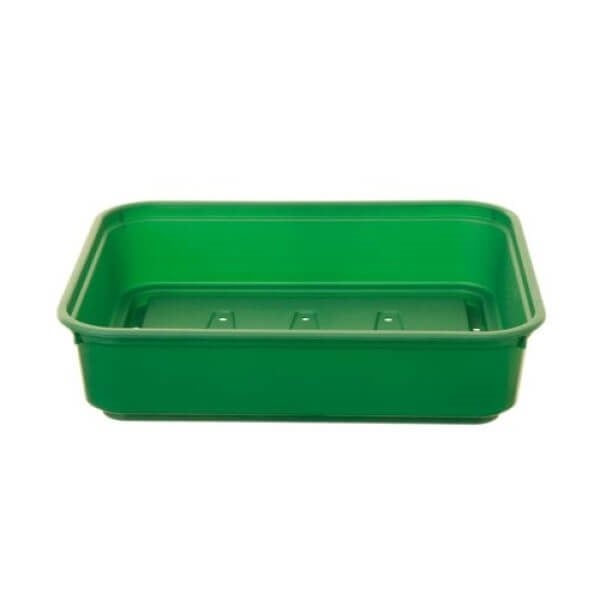 A green plastic seed tray with drainage holes designed for gardening.