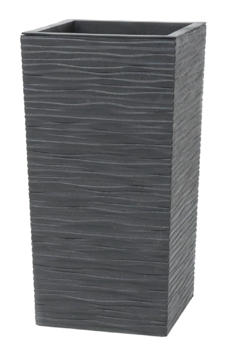 Tall rectangular grey planter with textured surface on a white background